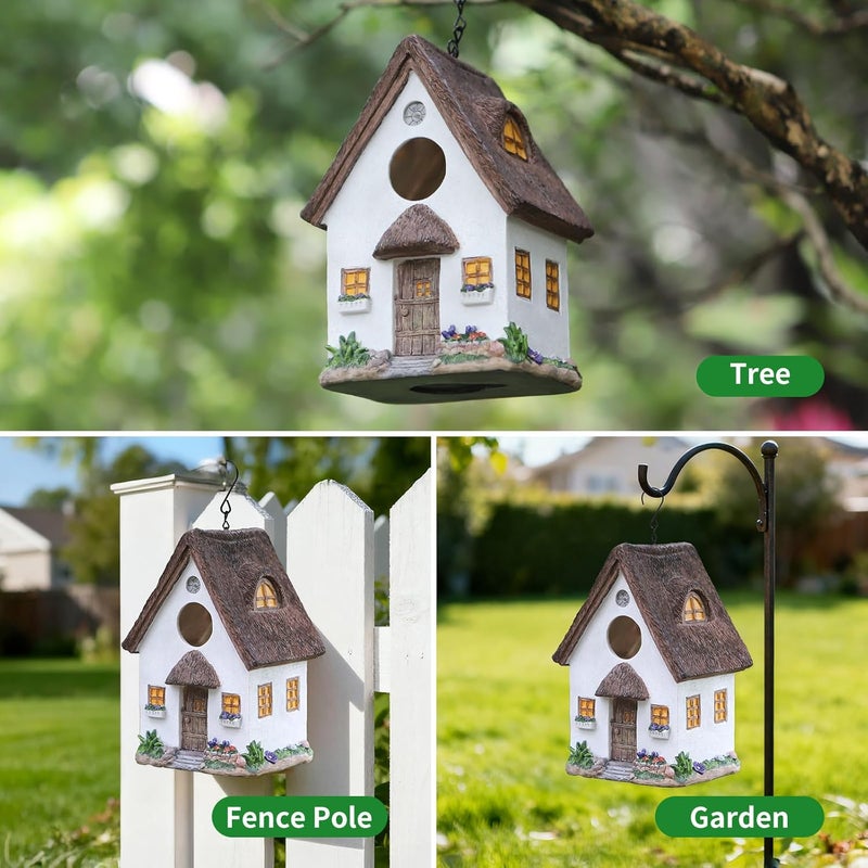 MINWOLF Bird Houses for Outside Rustic Cottage Birdhouse with Thatch Roof – Hand-Painted Resin Birdhouses for Outdoors for Bluebird Finches Cardinals Bird Nesting Garden, Patio, Yard - Image 4